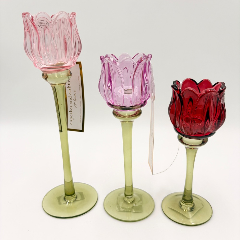 Cupcakes and Cashmere Glass Tulip Tea Light Candle Holder Set 3 Pink Red Green